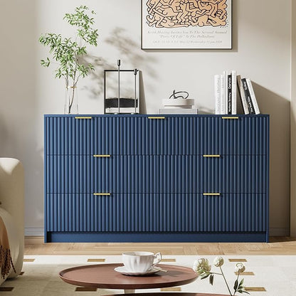 Navy Blue Dresser for Bedroom, Modern Dresser with 7 Drawers and Smooth Slides, Wide Chest of Drawers with Golden Handles for Bedroom, Living Room, Closet, 15.7" D x 55.1" W x 31.4" H