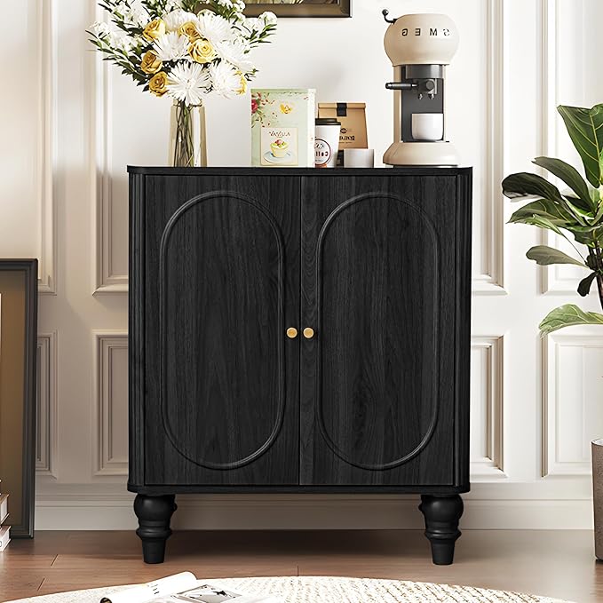ORRD Fluted Storage Cabinet, Modern Credenza Wooden Accent Sideboard Buffet Cabinet Set of 2 with Adjustable Shelves and Solid Wood Legs, Console Table for Kitchen Dining Living Room Entryway, Black