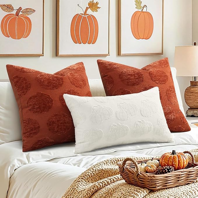 decorUhome Decorative Two Cream White Pumpkins Thanksgiving Throw Pillow Covers 12x20 Set of 2, Soft Chenille Jacquard Farmhouse Textured Pillow Covers for Couch Sofa Autumn Harvest Halloween Holiday