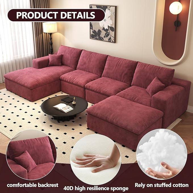136.6'' U-Shaped Modern Modular Sectional Cloud Couch Whit Ottoman, 4-Seat Chenille Deep-Seat Sofa with Pillow for Living Room, Bedroom, Apartment, Wine Red