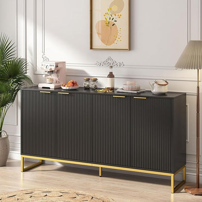 Fluted Accent Storage Cabinet, Kitchen Sideboard Buffet with 4 Fluted Doors, Adjustable Shelves for Living Room, Dining Room, Hallway (Black 4 Door)