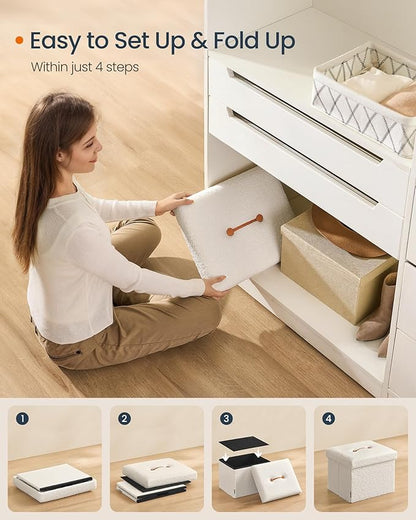 SONGMICS Small Folding Storage Ottoman, Foot Rest Stool, 12.2 x 16.1 x 12.2 Inches, Ottoman with Storage, Load up to 286 lb, for Living Room, Bedroom, Dorm, Cream White ULSF094W01