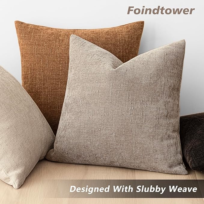 Foindtower Set of 2 Soft Textured Chenille Throw Decorative Pillow Covers Square Accent Solid Cushion Cover Cozy Neutral Farmhouse Pillow Case for Couch Sofa Bedroom Living Room 20x20 Inch,Light Taupe