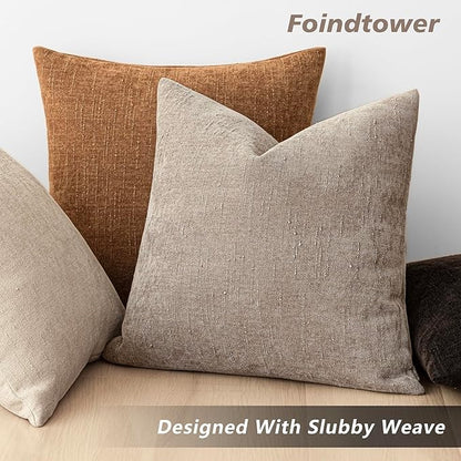 Foindtower Set of 2 Textured Chenille Throw Decorative Pillow Covers Square Accent Solid Cushion Cover Neutral Farmhouse Lumbar Pillow Case for Couch Sofa Bedroom Living Room 12x20 Inch,Light Taupe