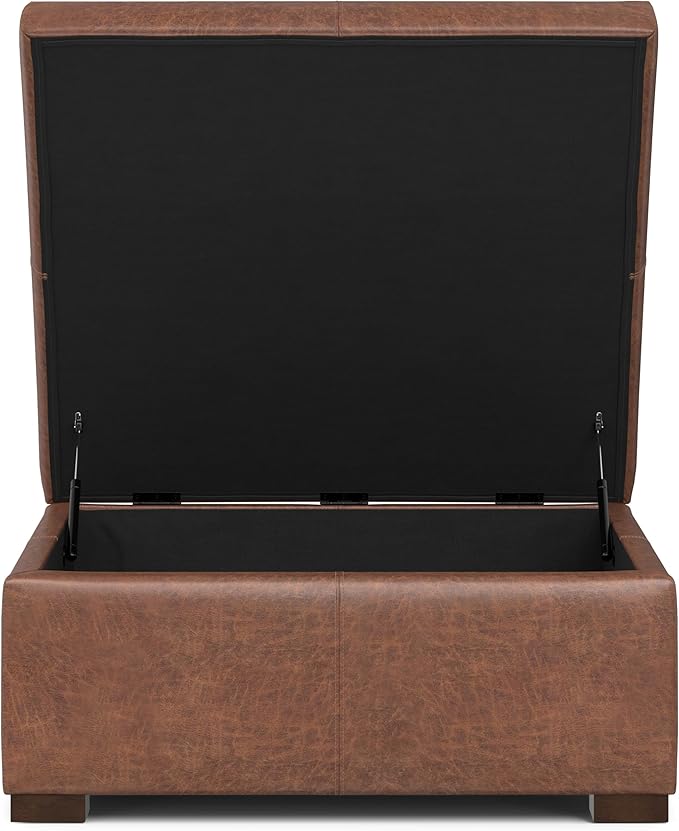 SIMPLIHOME Gabbie 36 inch Wide Contemporary Square Square Coffee Table Storage Ottoman in Distressed Saddle Brown Vegan Faux Leather, Assembled, for The Living Room, Entryway and Family Room