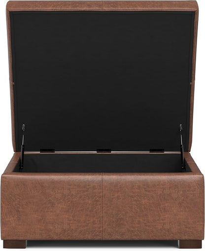 SIMPLIHOME Gabbie 36 inch Wide Contemporary Square Square Coffee Table Storage Ottoman in Distressed Saddle Brown Vegan Faux Leather, Assembled, for The Living Room, Entryway and Family Room