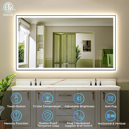 60x40 Inch LED Bathroom Mirror with Lights (Front Lit and Backlit) Black Framed Lighted Vanity Mirror for Bathroom Wall Dimmable Anti-Fog Memory Tempered Glass Horizontal/Vertical