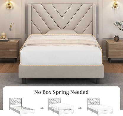 Yaheetech Twin Bed Frame Upholstered Platform Bed with Wing Side/Wooden Slat Support/Tufted Headboard with Wing Side/Mattress Foundation/No Box Spring Needed,Beige Twin Bed