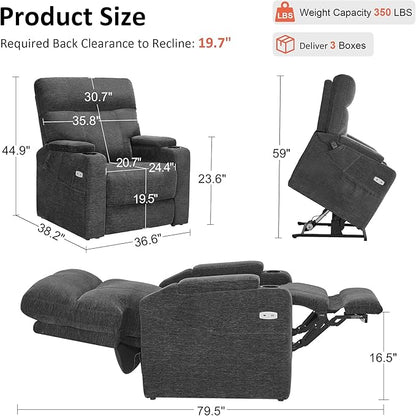 MCombo Lay Flat Dual Motor Power Lift Recliner Chair with Massage & Dual Heating, Arm Storage, Extended Footrest, USB A/C Ports & Cup Holders, Infinite Position for Elderly, Fabric LC002 (Gray)