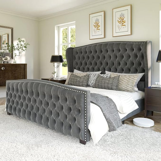 AMERLIFE King Size Platform Bed Frame, Velvet Upholstered Bed with Deep Button Tufted & Nailhead Trim Wingback Headboard/No Box Spring Needed/Grey