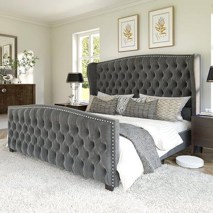 AMERLIFE California King Size Platform Bed Frame, Velvet Upholstered Bed with Deep Button Tufted & Nailhead Trim Wingback Headboard/No Box Spring Needed, Grey