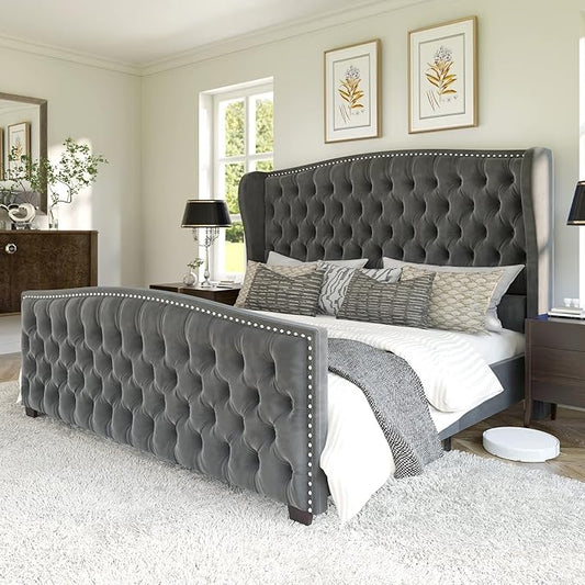 AMERLIFE California King Size Platform Bed Frame, Velvet Upholstered Bed with Deep Button Tufted & Nailhead Trim Wingback Headboard/No Box Spring Needed, Grey