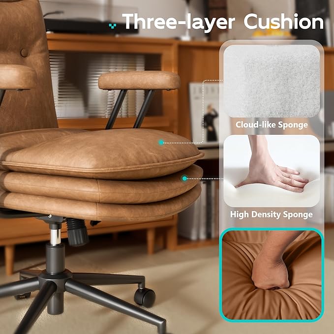 Brown Leather Office Chair with Wheels, Triple-Layers Thicken Wide Seat Height Adjustable, Mid-Century Modern Comfy Desk Chair for Home, Office