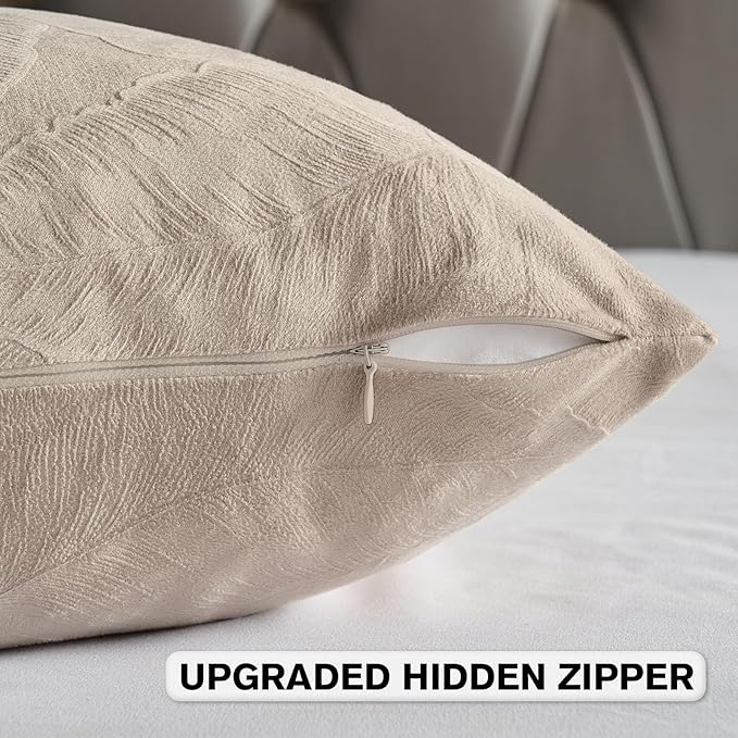 FUTEI Oatmeal Velvet Throw Pillow Covers 22x22 Inch Set of 2,Soft Embossed Leaf-Relief Textured Cushion Cases,Natural Home Decor for Couch Living Room