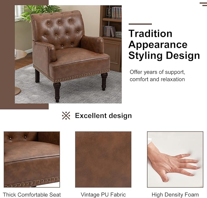 Pia Ricco PU Leather Accent Chair: Modern Nailhead Trim Armchair with Wooden Legs - Upholstered Reading Seat for Office, Living Room, Bedroom-Brown