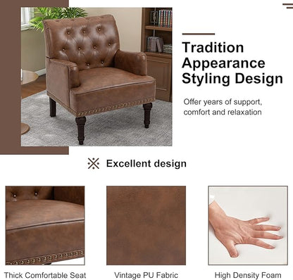 Pia Ricco PU Leather Accent Chair: Modern Nailhead Trim Armchair with Wooden Legs - Upholstered Reading Seat for Office, Living Room, Bedroom-Brown