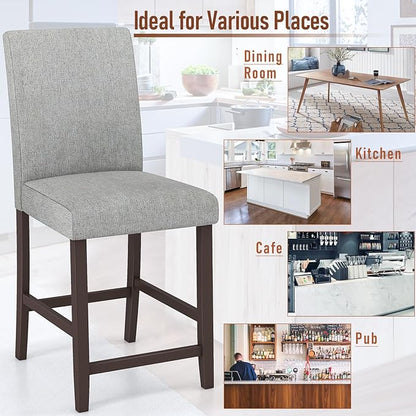 COSTWAY Counter Height Bar Stools Set of 2, 24'' Upholstered Mid Century Modern Island Chairs with Rubber Wood Legs, Wooden Barstools for Kitchen, Dining Room, Bar, Restaurant (Light Grey)