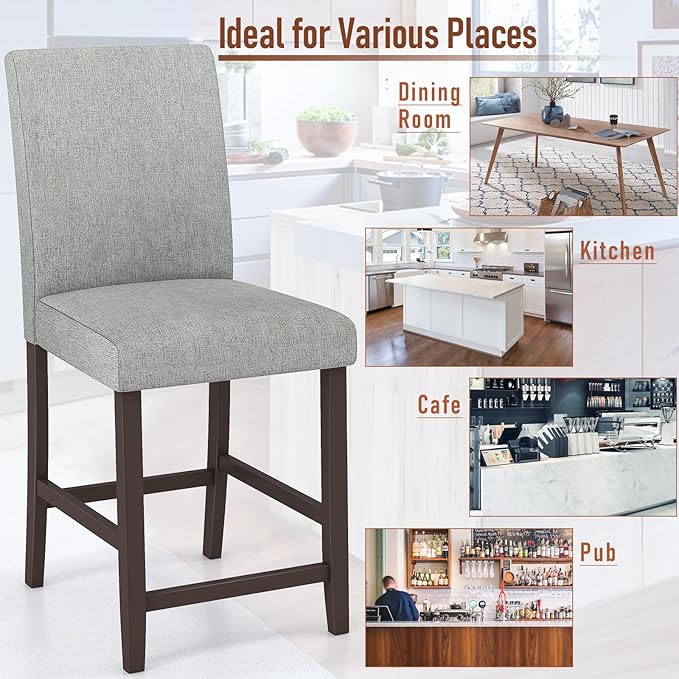 COSTWAY Counter Height Bar Stools Set of 4, 24'' Upholstered Mid Century Modern Island Chairs with Rubber Wood Legs, Wooden Barstools for Kitchen, Dining Room, Bar, Restaurant (Light Grey)