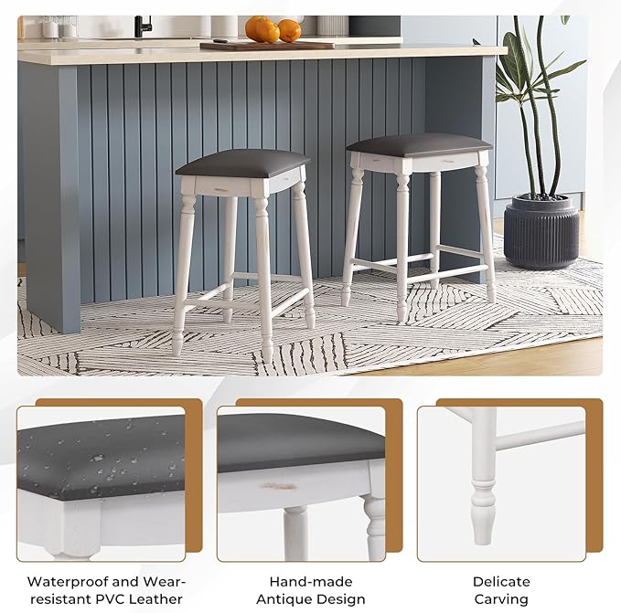 COSTWAY Upholstered Bar Stools Set of 4, 24-Inch Backless Counter Height Dining Stools with Delicate Wood Carving, Footrest, Solid Rubber Wood Frame, Farmhouse BarStools for Kitchen Island Bar, White