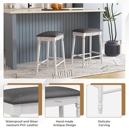 COSTWAY Upholstered Bar Stools Set of 4, 24-Inch Backless Counter Height Dining Stools with Delicate Wood Carving, Footrest, Solid Rubber Wood Frame, Farmhouse BarStools for Kitchen Island Bar, White