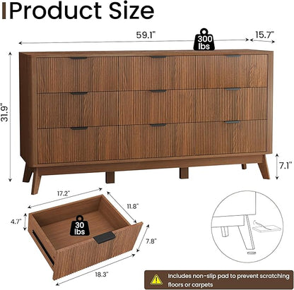 Fluted Dresser for Bedroom,59'' Modern Wooden Walnut Dresser with 9 Drawers, Bedroom Dressers, Natural Wood Chest of Drawers for Living Room, Hallway (Walnut)