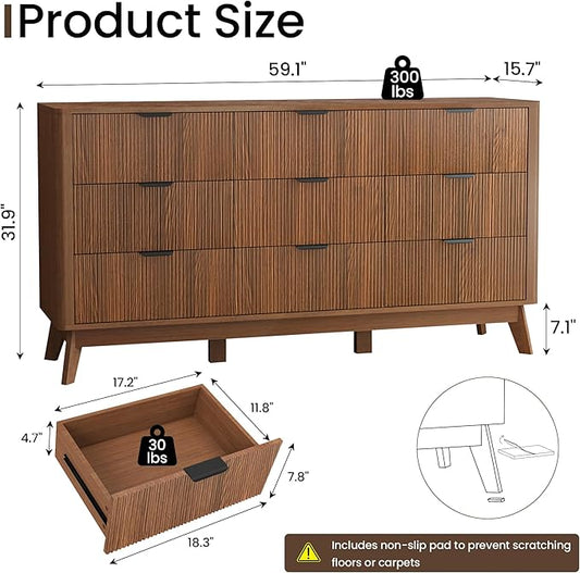 Fluted Dresser for Bedroom,59'' Modern Wooden Walnut Dresser with 9 Drawers, Bedroom Dressers, Natural Wood Chest of Drawers for Living Room, Hallway (Walnut)