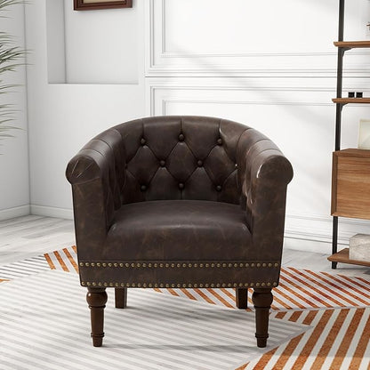 Pia Ricco Faux Leather Barrel Accent Chair, Comfy Club Armchair with Solid Wood Legs, Upholstered Single Sofa Chair for Living Room Bedroom/Reading Room, Chocolate
