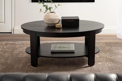 Kate and Laurel Foxford Modern Tiered Oval Coffee Table; 38 x 24 x 18; Black; Transitional Two-Tier Living Room Table with Storage and Resilient Wood Construction