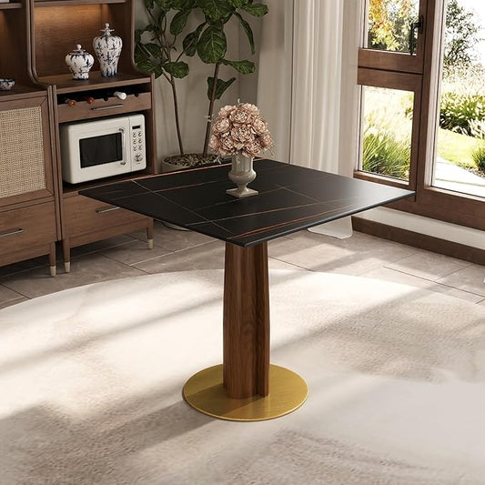 Sintered Stone Square Office Table - Meeting Desk for Small Offices (Walnut‌ Leg and Black Top, 1 Table Only)