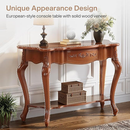Tribesigns 47.2-Inch Console Table with Solid Wood Veneer, Mid-Century Modern Entryway Table with Shelves, Victorian Furniture for Living Room, Hallway, Entrance, Foyer (Walnut)