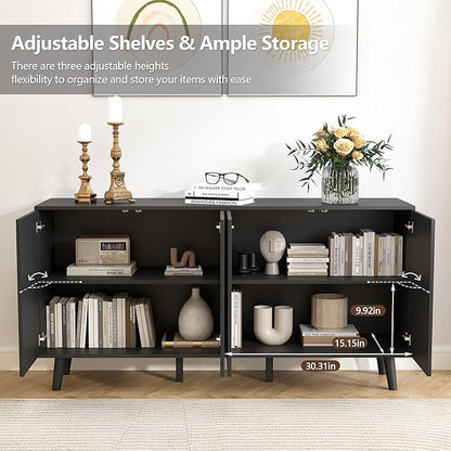 59" Buffet Cabinet with Storage, Modern Accent Sideboard Storage Cabinet with 4 Doors & Carving Lines, Wooden Coffee Bar Table Console for Living Room Kitchen Office and Hallway (Black)