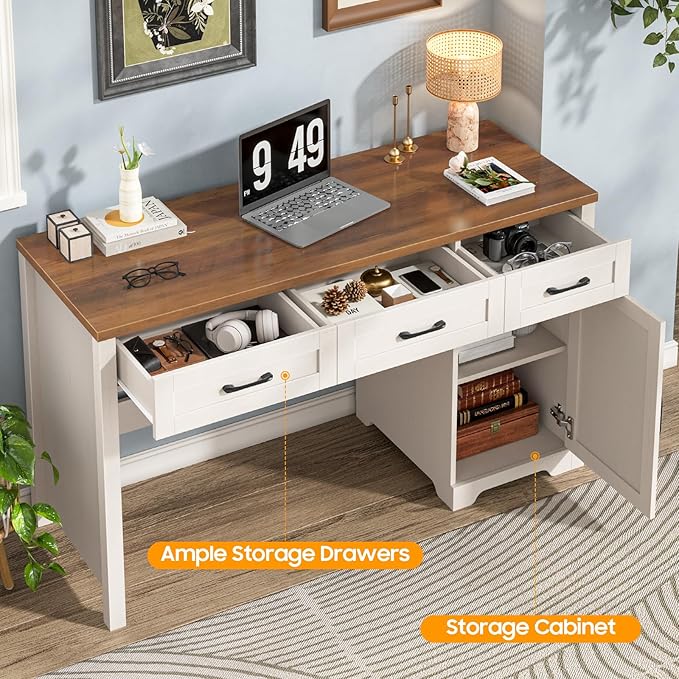 Vabches Farmhouse 59" Executive Desk,Computer Desk with 3 Drawers and Storage Cabinet,Home Office Desk for Work and Study