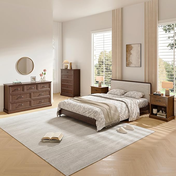 Farmhouse Dresser and Nightstand Sets, 4Pcs Bedroom Furniture Set, Nightstand Set of 2 & 55" Wide 7 Drawer and 44" Tall 5 Drawer Dresser with Large Drawers & Bar Handles, Brown