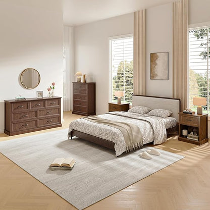 Farmhouse Dresser and Nightstand Sets, 4Pcs Bedroom Furniture Set, Nightstand Set of 2 & 55" Wide 7 Drawer and 44" Tall 5 Drawer Dresser with Large Drawers & Bar Handles, Brown