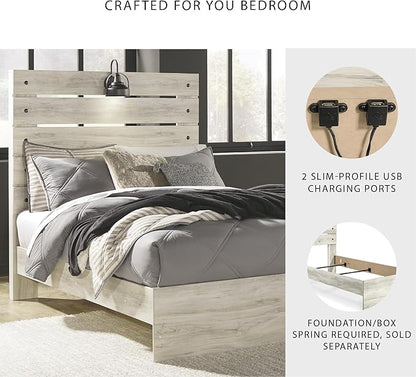 Signature Design by Ashley Cambeck Farmhouse Full Panel Bed with Sconce Light and USB Ports, Foundation or Box Spring Needed, Whitewash