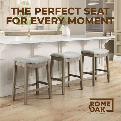 ROME + OAK Set of 3 Parker 26" Counter Stool, Backless Saddle Kitchen Barstool in Reclaimed Oak Finish with Ash Grey Fabric Upholstery Cushion Seat
