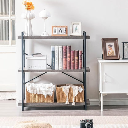 HCHQHS Bookshelf, 3-Tier Industrial Bookcase, Rustic Open Book Shelf, Freestanding Horizontal Bookshelves with Metal Frame