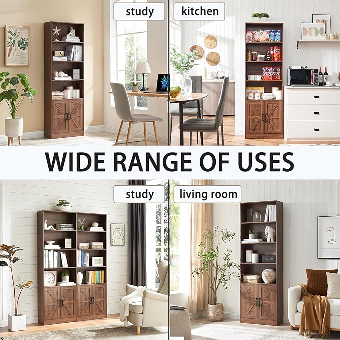 70in Tall Bookshelf 6 Tier Bookcase with Barn Doors and Adjustable Shelf, Brown Farmhouse Book Shelves with Storage Cabinet,Wood Floor Standing Display Bookshelve for Bedroom,Living Room,Kitchen