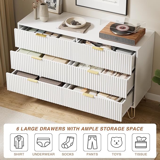 White Dresser for Bedroom, Modern Dresser with Gold Metal Handles & Chests of Drawers for Bedroom, 15.7" D x 47.2" W x 29.5" H