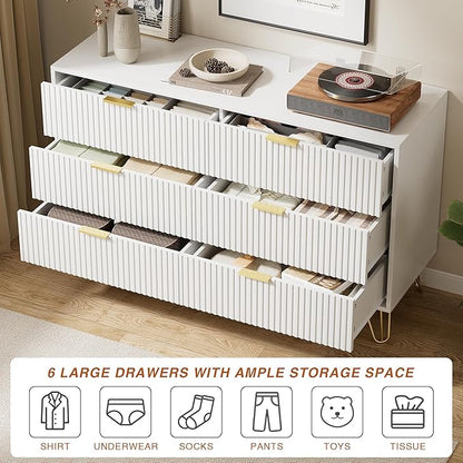 White Dresser for Bedroom, Modern Dresser with Gold Metal Handles & Chests of Drawers for Bedroom, 15.7" D x 47.2" W x 29.5" H
