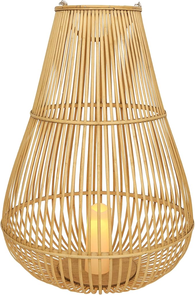 Alpine Corporation IWY108HH-L Outdoor Bamboo Lantern with LED Candle, Brown Finish for Patio and Garden Decor, 33" Tall