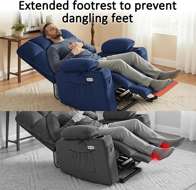 MCombo Dual Motor Power Lift Recliner Chair with Massage and Heat for Elderly People, Infinite Position, USB Ports, Cup Holders, Fabric 7679 (Medium, Navy Blue)