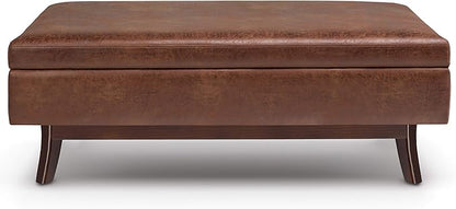 SIMPLIHOME Owen 48 inch Wide Mid Century Modern Rectangle Rectangular Storage Ottoman in Distressed Saddle Brown Vegan Faux Leather, Assembled, for the Living Room, Entryway and Family Room