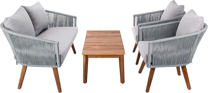 SAFAVIEH PAT7072A Outdoor Velso Rope 4-Piece Seat Cushions and Pillows Included Patio Set