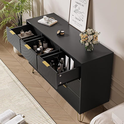 Black Dresser for Bedroom, 7 Drawer Dresser with Gold Pulls, Wide Chest of Drawers for Bedroom, Entryway, 47.2" L x 15.7" D x 31.4" H