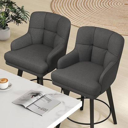 360°Swivel Counter Height Bar Stools with Back, 30 inch Solid Wood Legs, Bar Stool Modern Kitchen Island Chairs, Fabric (Black Grey- Fabric, 30" H- Set of 2)