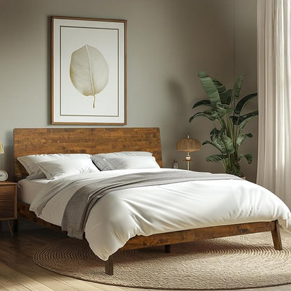 Acacia Serenity Bed Frame with Headboard Solid Wood Platform Bed, Queen Bed Frame, Tall Headboard Wood Bed Compatible with All Mattress Types, No Box Spring Needed, Quick & Easy Assembly, Caramel