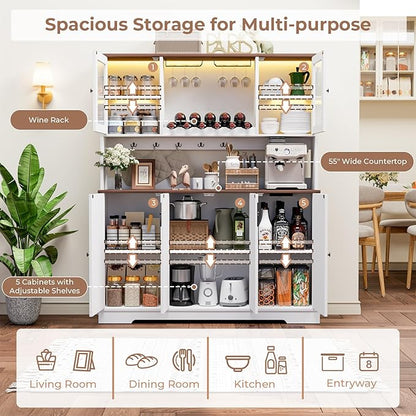 68" Tall Kitchen Pantry Storage Cabinet with Charging Station, 55" Wide Kitchen Hutch Cabinet with Large Countertop, Farmhouse Buffet Cabinet with Wine Holder & Wine Rack for Dining Room, White