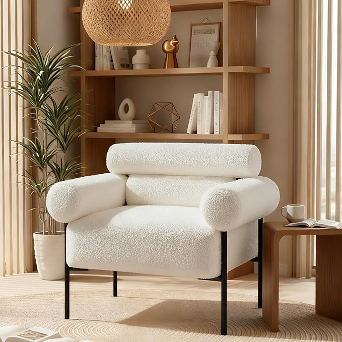 Modern Accent Chair, Boucle Sofa Accent Chair for Living Room, Upholstered Sherpa Mid-Century Modern Armchair, Oversized Reading Chair with Channel Tufted for Bedroom, Office, White