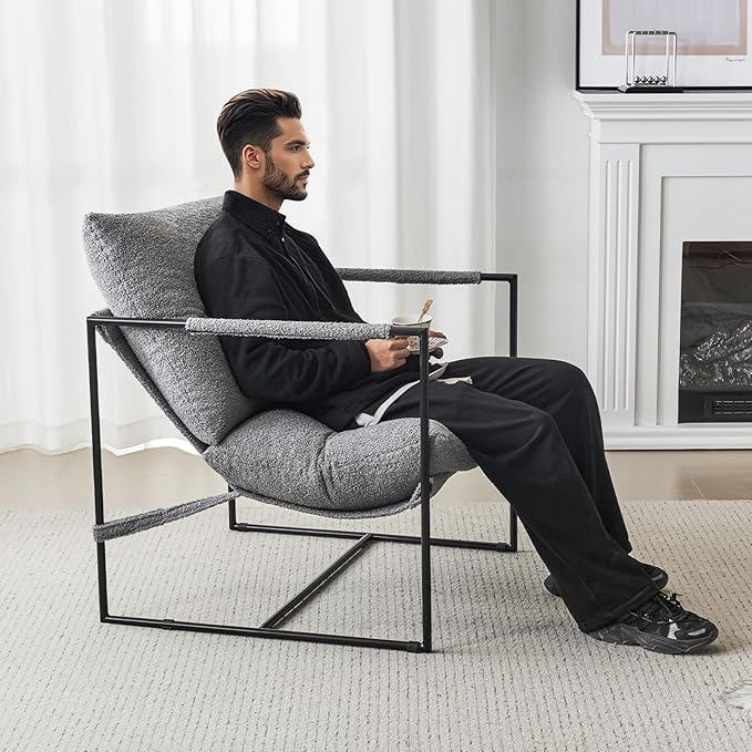 Sling Accent Chair with Metal Frame, Comfortable Boucle Fabric Arm Chair, Upholstered Cozy Reading Chair for Living Room, Bedroom, Dressing Room, Home Office, Grey